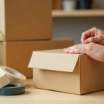Person sealing a cardboard shipping box with packing tape on a clean workspace, surrounded by different types of packaging tape including acrylic, hot melt, duct, masking, water-activated kraft, and reinforced fiber tapes.