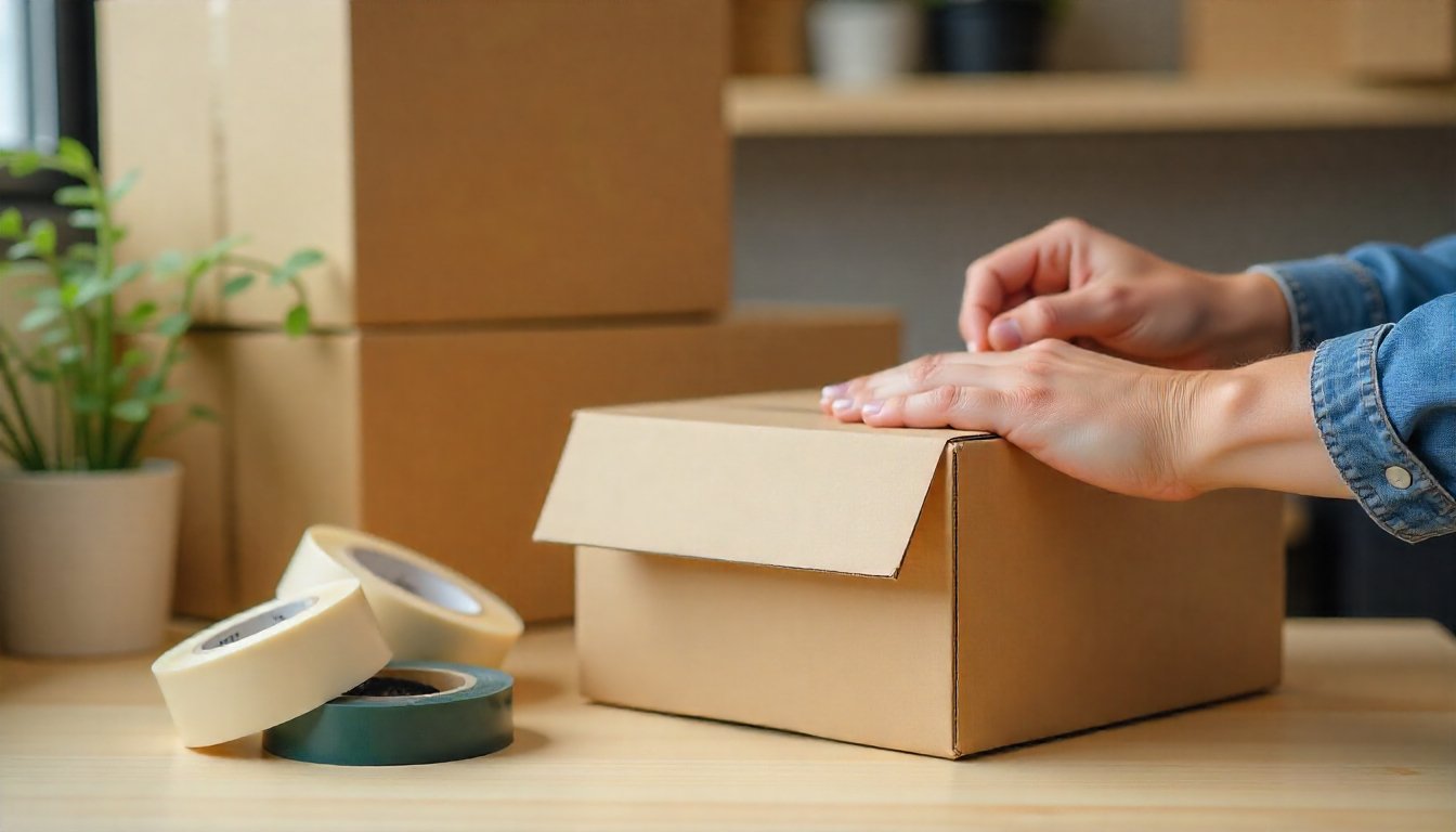 Person sealing a cardboard shipping box with packing tape on a clean workspace, surrounded by different types of packaging tape including acrylic, hot melt, duct, masking, water-activated kraft, and reinforced fiber tapes.