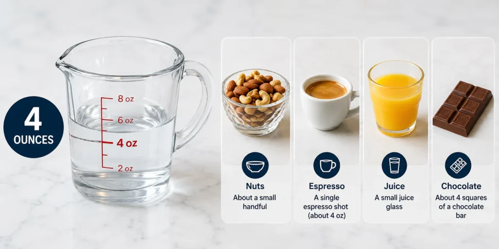 how much is 4 oz, 4 ounces look like a visual guide with a measuring cup and everyday food examples.